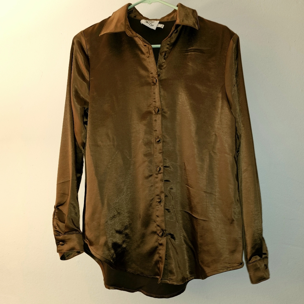 Brown Satin Button-Up Shirt